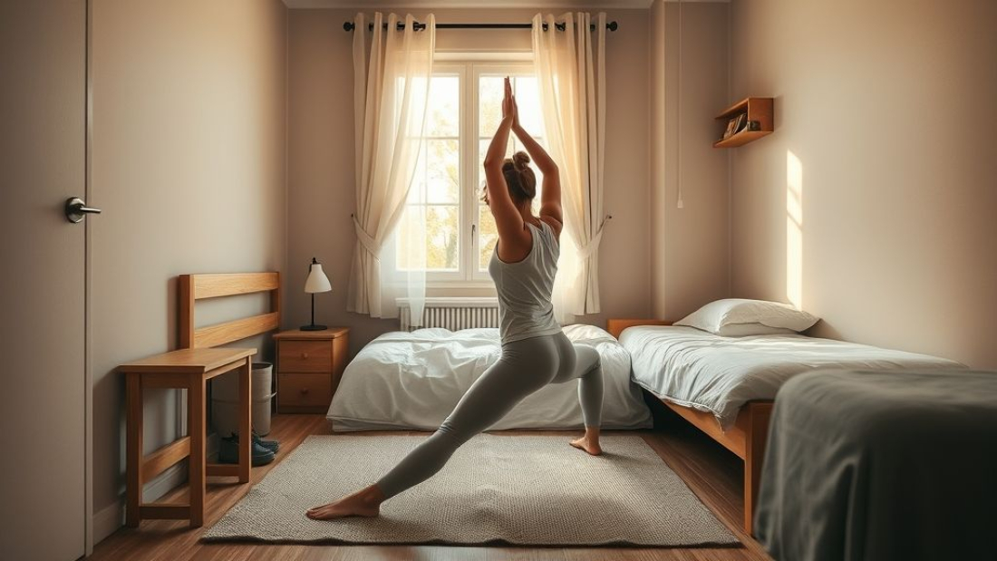 Йога в маленьком пространстве практика на коврике у кровати (1)