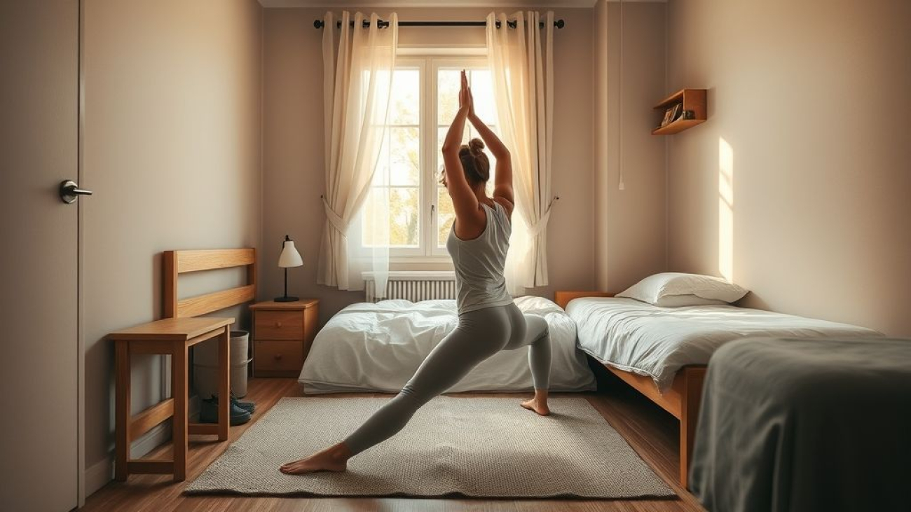 Йога в маленьком пространстве практика на коврике у кровати (1)